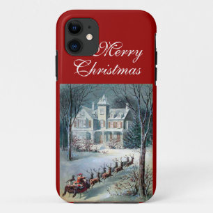 メリークリスマスのサンタのそりの雪および家場面 iPhone 11 ケース