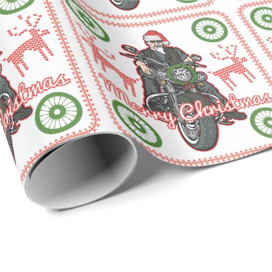 メリークリスマスのサンタのバイクもしくは自転車に乗る人のオートバイの休日 ラッピングペーパー (ロールコーナー)