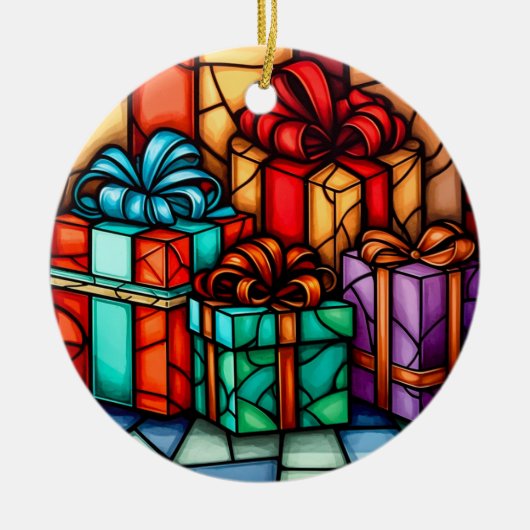 メリークリスマスのステンドグラススタイル セラミックオーナメント (正面)