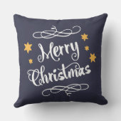 メリークリスマスのタイポグラフィの真夜中の青い白 クッション (裏面)