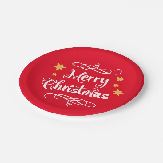 メリークリスマスのタイポグラフィの薄赤の白 ペーパープレート (アングル)