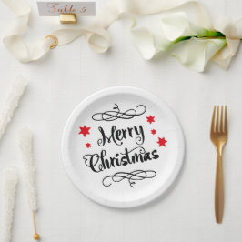 メリークリスマスのタイポグラフィの赤い白 ペーパープレート