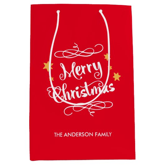 メリークリスマスのタイポグラフィの赤い白 ミディアムペーパーバッグ (正面)