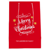 メリークリスマスのタイポグラフィの赤い白 ミディアムペーパーバッグ (裏面)