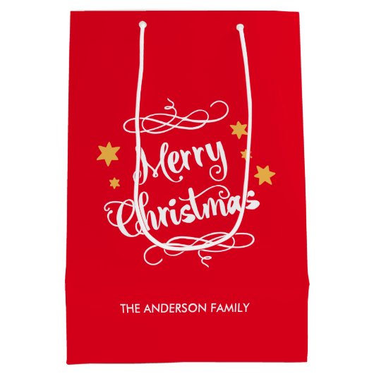 メリークリスマスのタイポグラフィの赤い白 ミディアムペーパーバッグ (裏面)