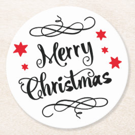 メリークリスマスのタイポグラフィの赤い白 ラウンドペーパーコースター
