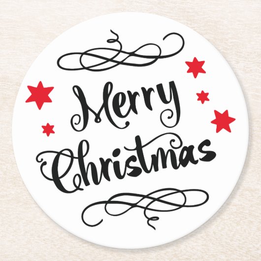メリークリスマスのタイポグラフィの赤い白 ラウンドペーパーコースター (正面)