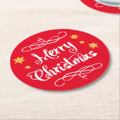 メリークリスマスのタイポグラフィの赤い白 ラウンドペーパーコースター (アングル)
