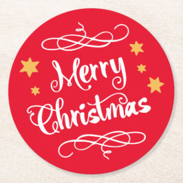 メリークリスマスのタイポグラフィの赤い白 ラウンドペーパーコースター