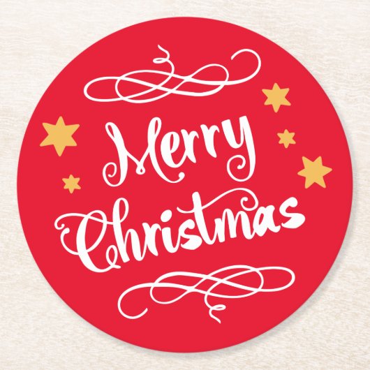 メリークリスマスのタイポグラフィの赤い白 ラウンドペーパーコースター (正面)