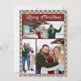 メリークリスマスのチェック柄ファミリーフォトコラージュ シーズンカード