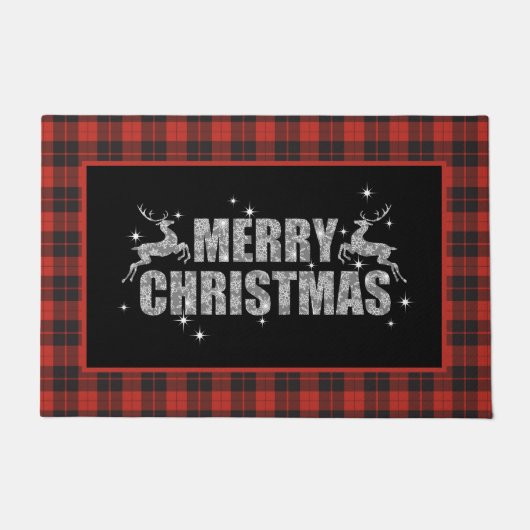 メリークリスマスのトナカイが格子縞に入る ドアマット (正面)