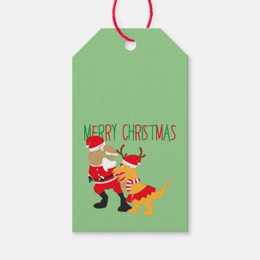 メリークリスマスのトナカイのサンタ恐竜のプレゼントラベル ギフトタグ (正面)