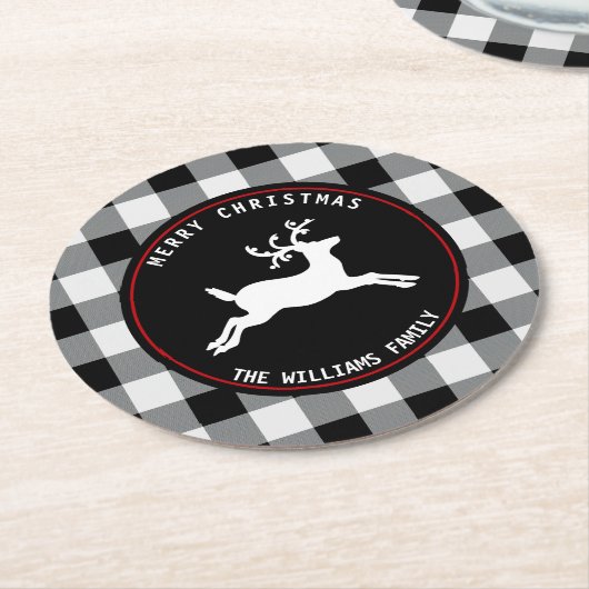 メリークリスマスのトナカイの白黒のバッファローの点検 ラウンドペーパーコースター (アングル)
