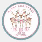 メリークリスマスのトナカイパーソナライズされたの名前 ラウンドシール (正面)