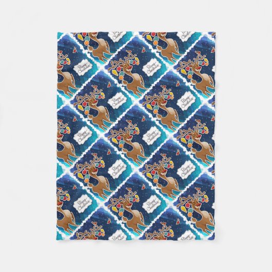 メリークリスマスのトナカイ フリースブランケット (正面)