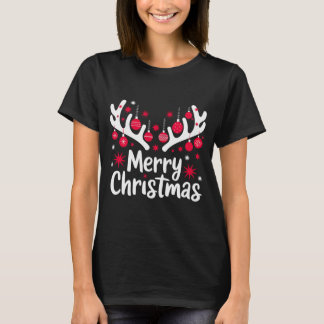 メリークリスマスのトナカイ〔雄ジカの〕枝角とオーナメント- Tシャツ