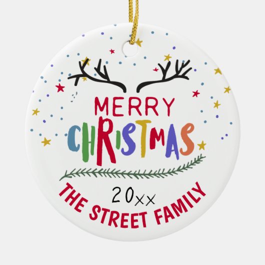 メリークリスマスのトナカイ〔雄ジカの〕枝角達成セラム セラミックオーナメント (正面)