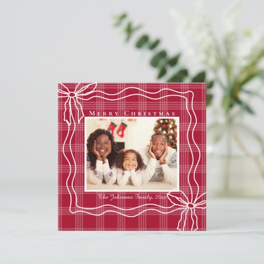 メリークリスマスのドードルボウ写真ホワイト赤い格子模様 シーズンカード (スタンド正面)