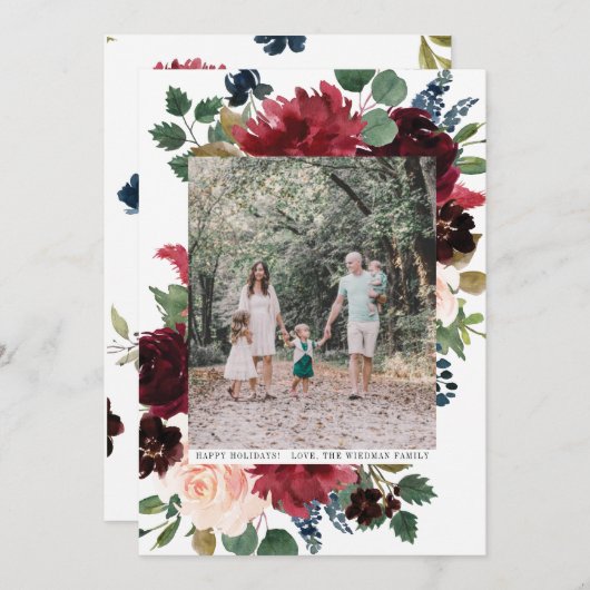 メリークリスマスのバーガンディの花模様の写真の時事通信 シーズンカード (正面/裏面)