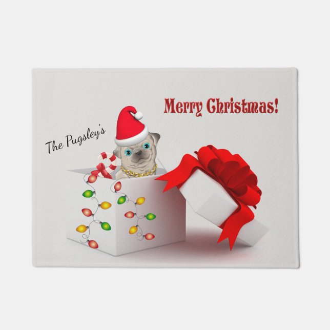 メリークリスマスのパグ様式 ドアマット (正面)