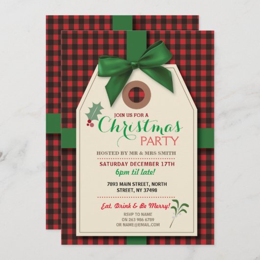 メリークリスマスのパーティーのラベルの点検のクリスマスの招待 招待状 (正面/裏面)