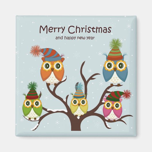 メリークリスマスのフクロウが木の磁石に乗る マグネット (正面)