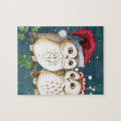 メリークリスマスのフクロウの水彩画カード冬の雪 ジグソーパズル (横)