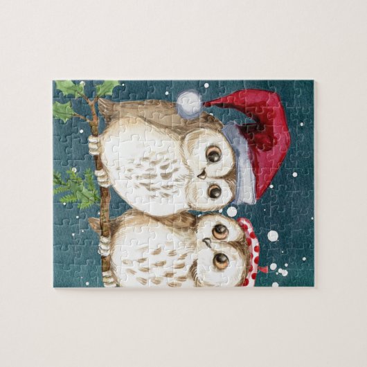 メリークリスマスのフクロウの水彩画カード冬の雪 ジグソーパズル (横)