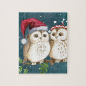 メリークリスマスのフクロウの水彩画カード冬の雪 ジグソーパズル (縦)