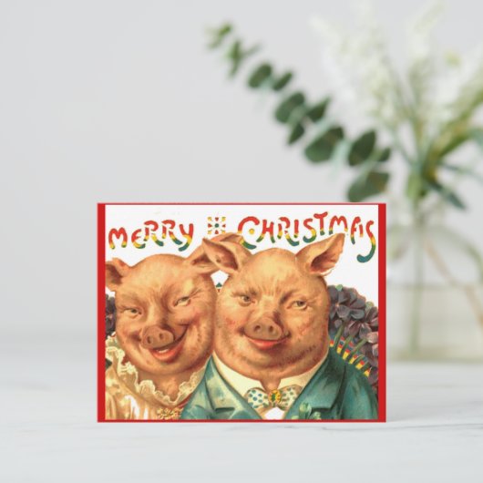 メリークリスマスのブタのカップルのヴィンテージの郵便はがきの芸術 シーズンポストカード (スタンド正面)