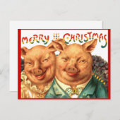 メリークリスマスのブタのカップルのヴィンテージの郵便はがきの芸術 シーズンポストカード (正面/裏面)