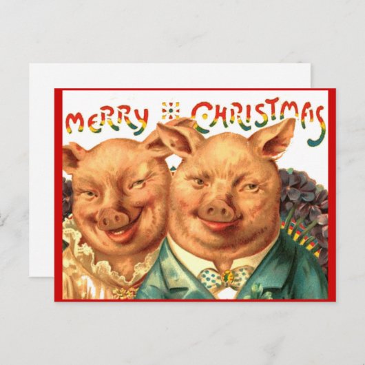 メリークリスマスのブタのカップルのヴィンテージの郵便はがきの芸術 シーズンポストカード (正面/裏面)