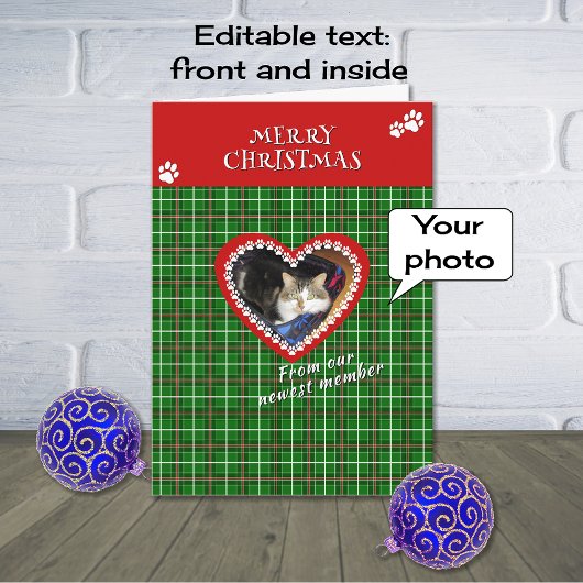 メリークリスマスのペット写真レッドグリーンチェック シーズンカード