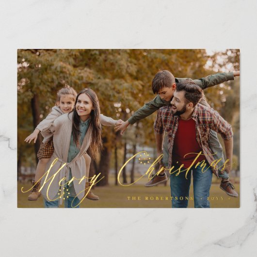 メリークリスマスのミニマル金ゴールドの雪片の写真 箔シーズンカード (正面)