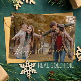 メリークリスマスのミニマル金ゴールドの雪片の写真 箔シーズンカード