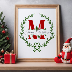 メリークリスマスのモノグラムリース壁掛けアート ポスター