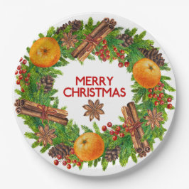 メリークリスマスのリースの常緑の水彩画のフルーツ ペーパープレート