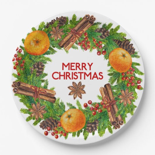 メリークリスマスのリースの常緑の水彩画のフルーツ ペーパープレート (正面)