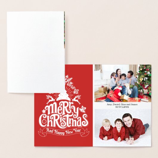 メリークリスマスのレタリングのタイポグラフィの家族写真 箔カード (ディスプレー)