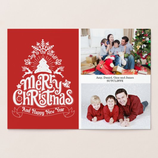 メリークリスマスのレタリングのタイポグラフィの家族写真 箔カード (内部)