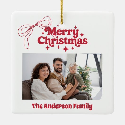 メリークリスマスのレッドハンド引き弓レトロ写真 セラミックオーナメント (裏面)