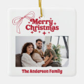 メリークリスマスのレッドハンド引き弓レトロ写真 セラミックオーナメント (正面)