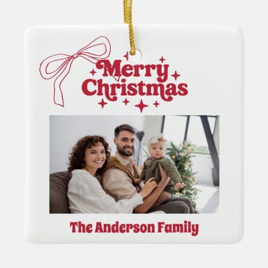 メリークリスマスのレッドハンド引き弓レトロ写真 セラミックオーナメント (正面)