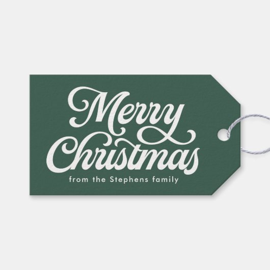 メリークリスマスのレトロスクリプト緑の休日 ギフトタグ (正面(横))