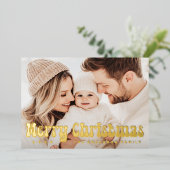 メリークリスマスのレトロフォント松の緑の写真 箔シーズンカード (立ち正面)