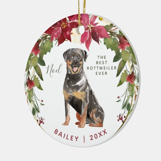 メリークリスマスのロットワイラー|はあなたの犬の写真を加えます セラミックオーナメント (左)