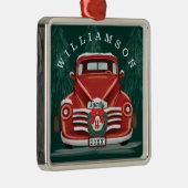 メリークリスマスのヴィンテージの赤いトラックのクリスマスツリー メタルオーナメント (右)