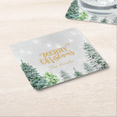メリークリスマスの休日のコースターの雪の冬の木 スクエアペーパーコースター (アングル)
