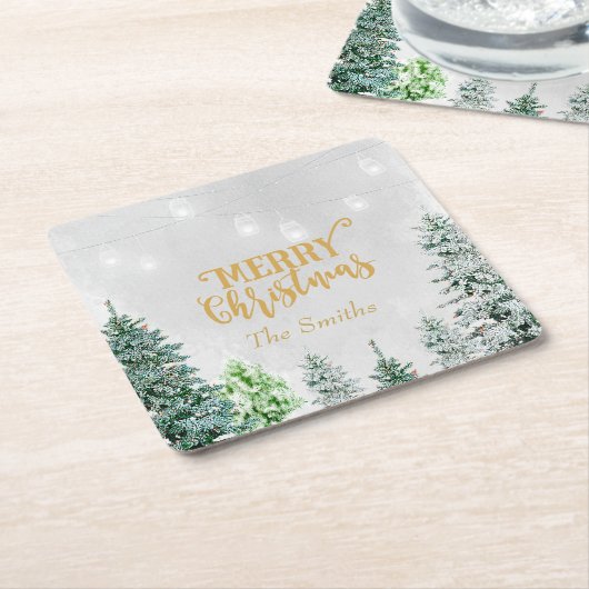 メリークリスマスの休日のコースターの雪の冬の木 スクエアペーパーコースター (アングル)